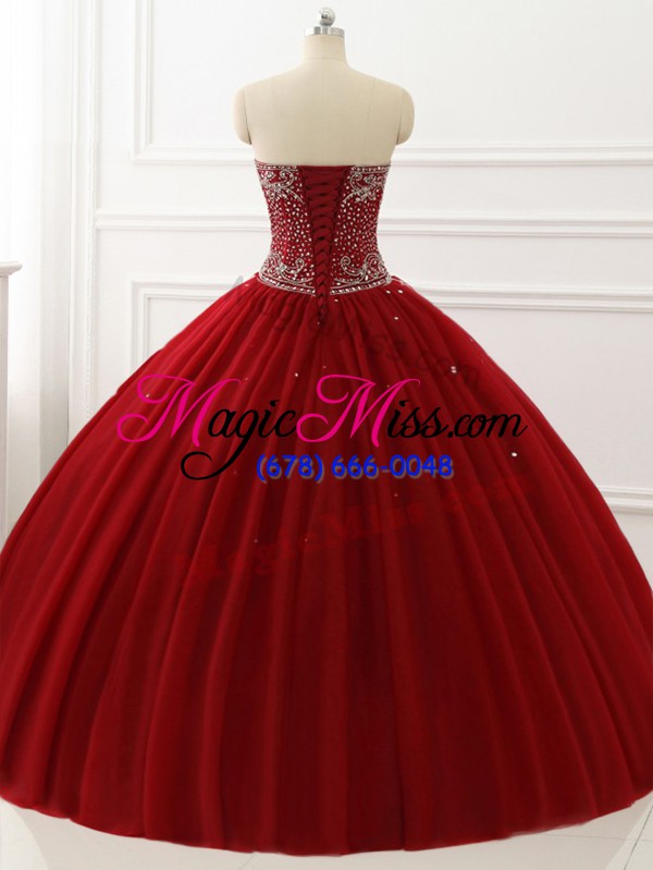 wholesale sleeveless tulle floor length lace up 15th birthday dress in wine red with beading