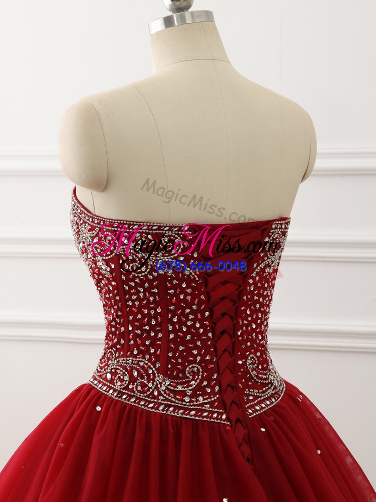 wholesale sleeveless tulle floor length lace up 15th birthday dress in wine red with beading