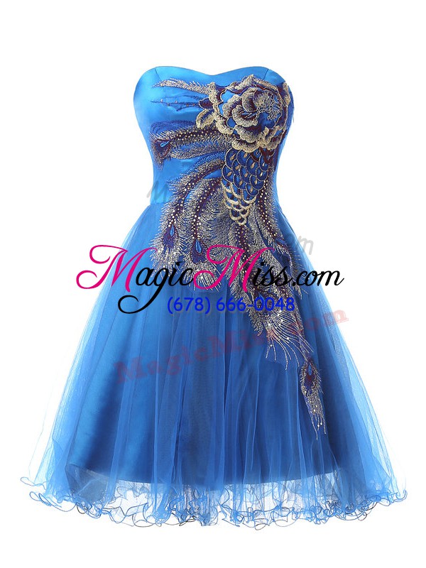 wholesale eye-catching sweetheart sleeveless prom dress mini length appliques blue tulle