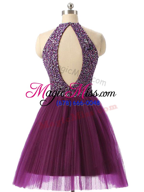 wholesale halter top sleeveless dress for prom mini length beading and sequins dark purple tulle