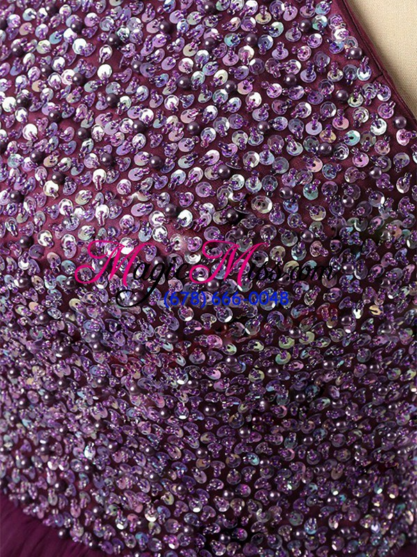 wholesale halter top sleeveless dress for prom mini length beading and sequins dark purple tulle