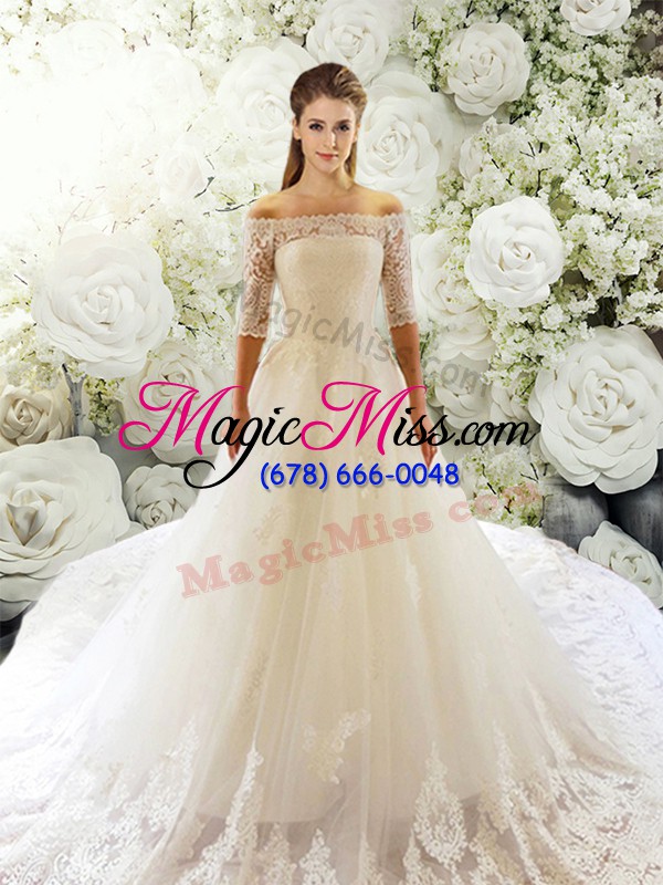 wholesale romantic white half sleeves court train lace wedding gown