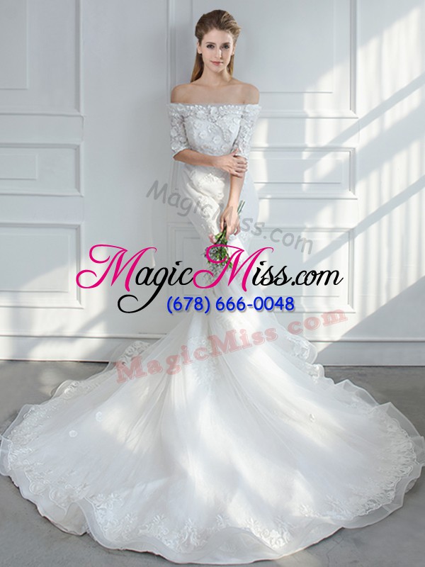 wholesale white tulle lace up wedding gowns half sleeves court train lace and appliques