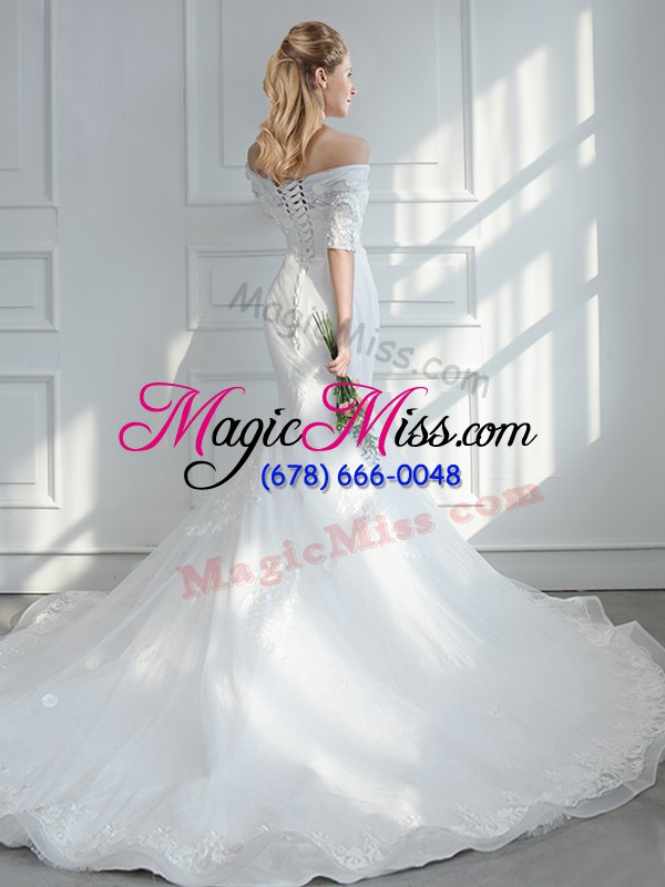 wholesale white tulle lace up wedding gowns half sleeves court train lace and appliques