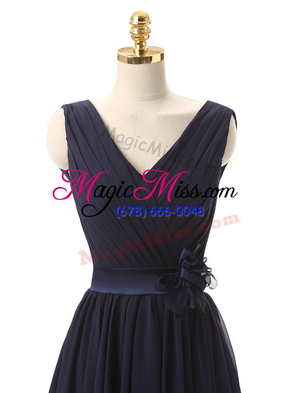 wholesale decent navy blue lace up v-neck hand made flower quinceanera court dresses chiffon sleeveless