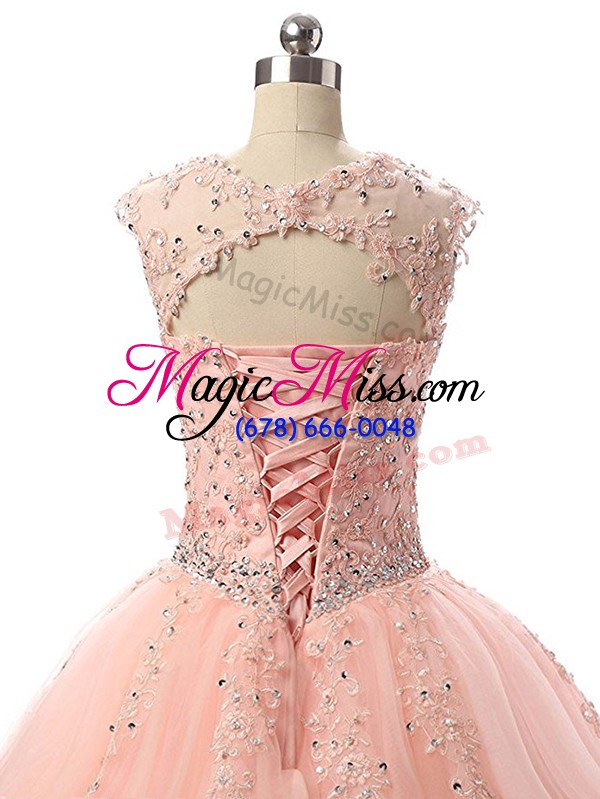 wholesale high quality peach tulle lace up scoop sleeveless floor length sweet 16 quinceanera dress beading and lace