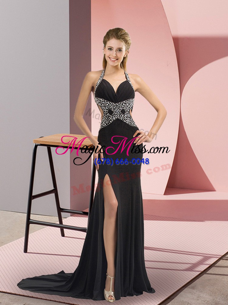 wholesale black prom gown prom and party with beading halter top sleeveless sweep train backless