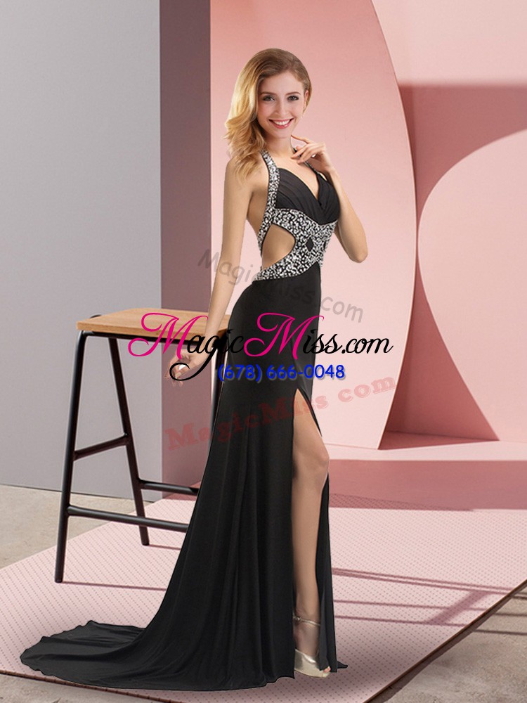 wholesale black prom gown prom and party with beading halter top sleeveless sweep train backless