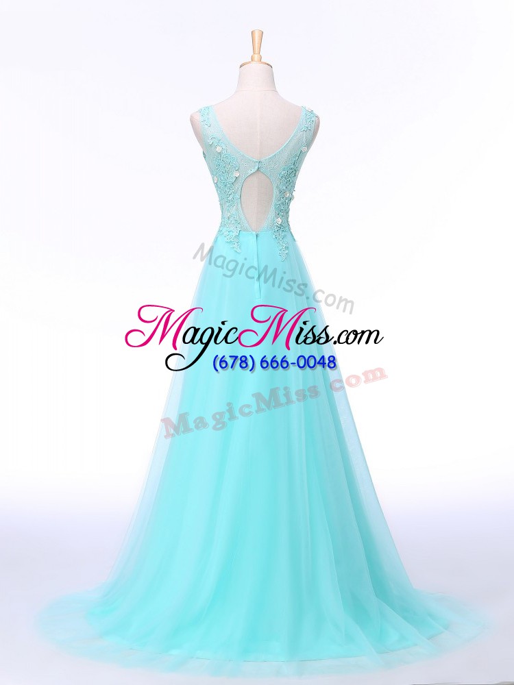 wholesale aqua blue scoop backless lace and appliques evening party dresses brush train sleeveless