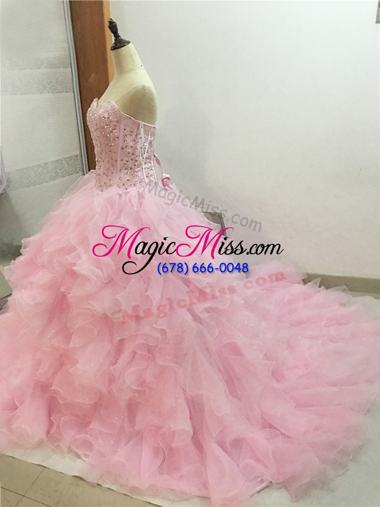 wholesale glorious beading and ruffles 15th birthday dress baby pink lace up sleeveless brush train