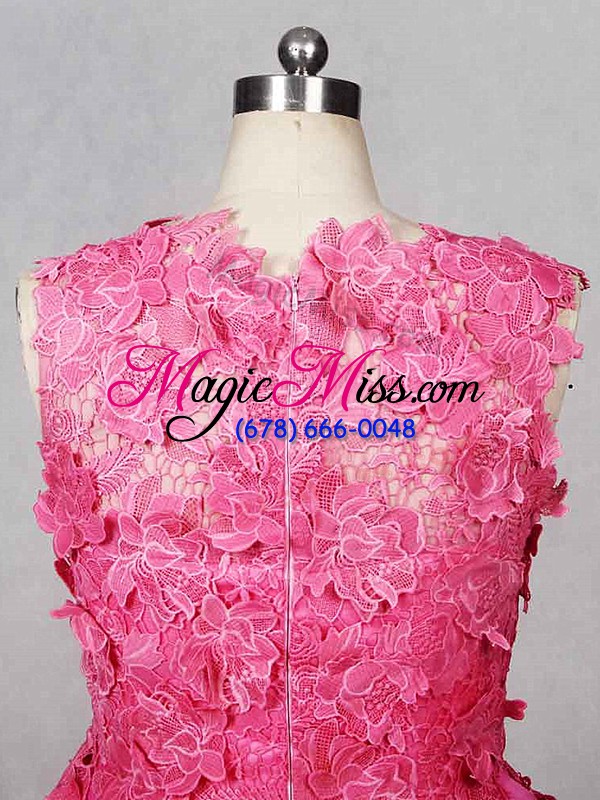 wholesale rose pink a-line organza scoop sleeveless lace and appliques and ruffled layers knee length zipper womens party dresses