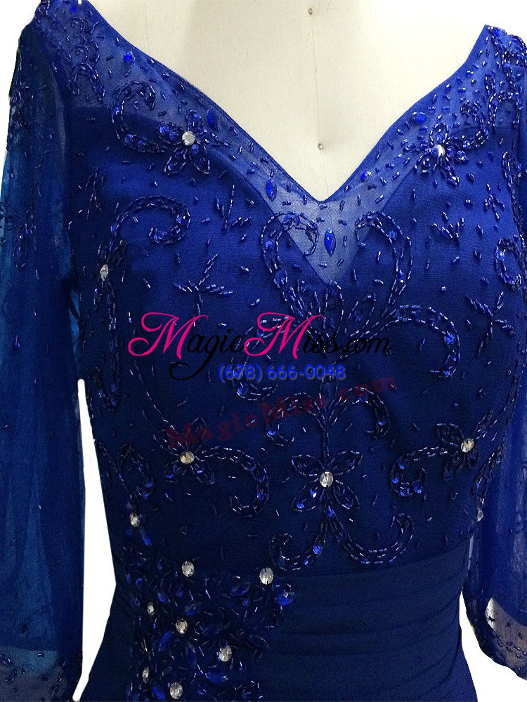 wholesale royal blue zipper v-neck beading mother of the bride dress chiffon sleeveless
