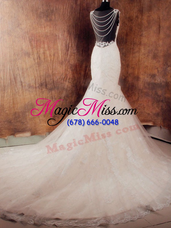 wholesale white wedding dress tulle court train sleeveless beading and lace