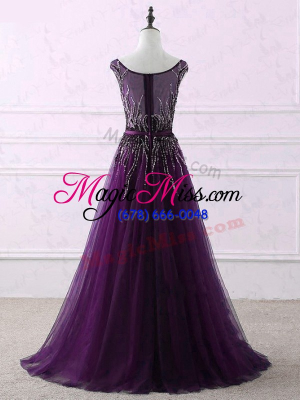 wholesale low price eggplant purple sleeveless appliques and embroidery zipper prom gown