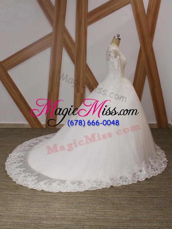wholesale superior white zipper scalloped beading and appliques wedding gown tulle sleeveless court train