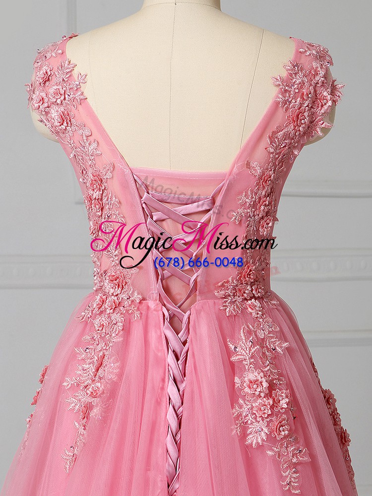 wholesale pink tulle lace up prom evening gown sleeveless brush train appliques