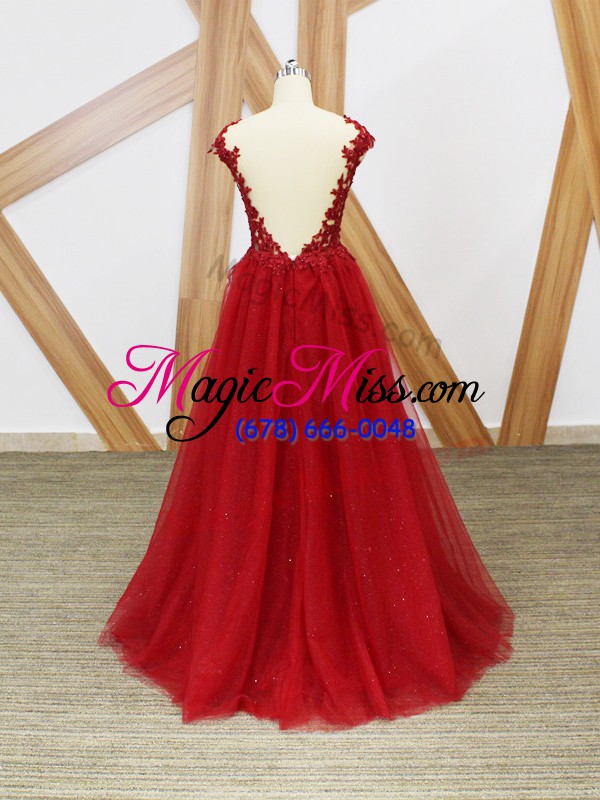 wholesale red tulle criss cross v-neck sleeveless floor length prom dress lace and appliques