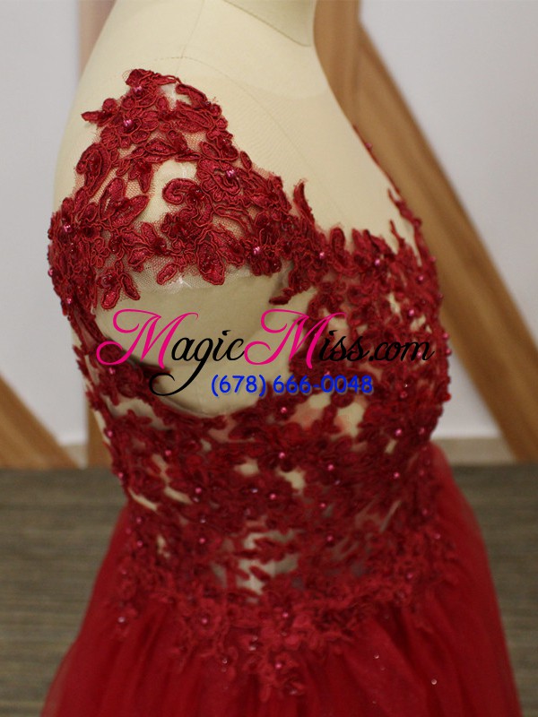 wholesale red tulle criss cross v-neck sleeveless floor length prom dress lace and appliques