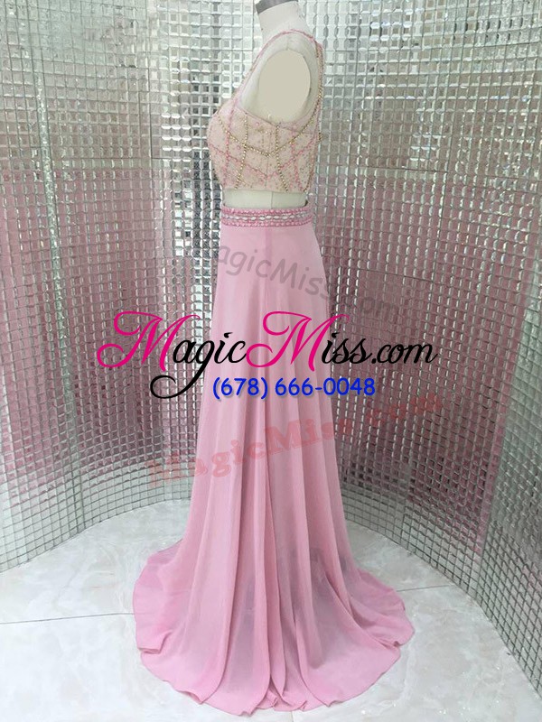 wholesale fine pink zipper beading evening dress brush train sleeveless