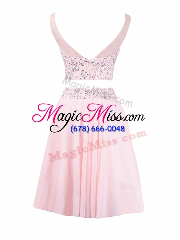 wholesale sleeveless organza knee length zipper prom evening gown in baby pink with beading