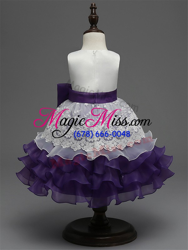 wholesale sleeveless organza tea length zipper flower girl dress in royal blue with lace and ruffled layers and bowknot
