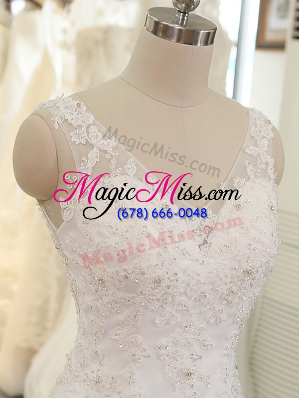 wholesale fine tulle sleeveless wedding dresses brush train and beading and lace and appliques