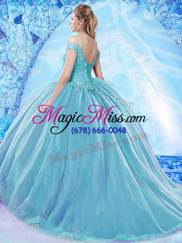 wholesale classical off the shoulder sleeveless brush train lace up ball gown prom dress blue organza