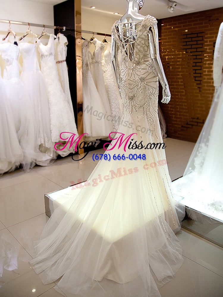 wholesale champagne pageant dress womens tulle brush train cap sleeves beading