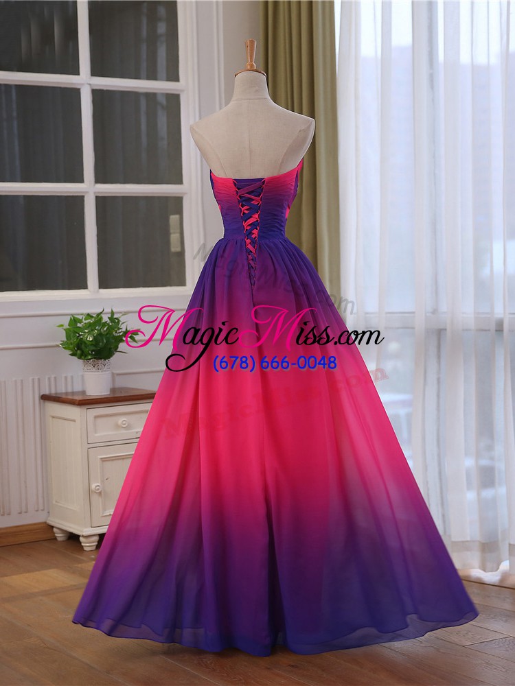 wholesale sleeveless chiffon and printed floor length lace up juniors evening dress in multi-color with beading and ruching