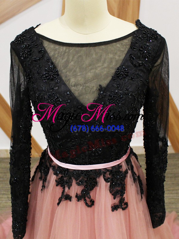 wholesale brush train empire prom evening gown pink and black scoop tulle long sleeves zipper