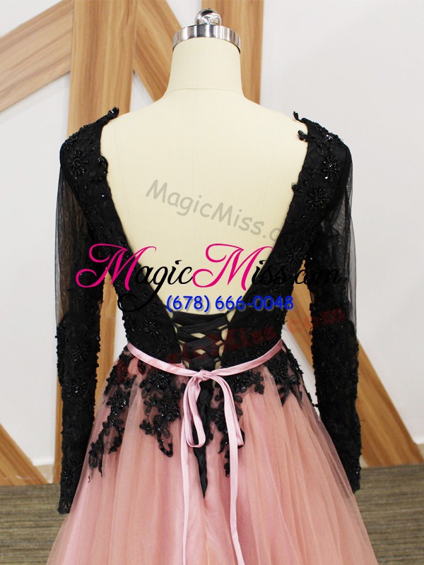 wholesale brush train empire prom evening gown pink and black scoop tulle long sleeves zipper