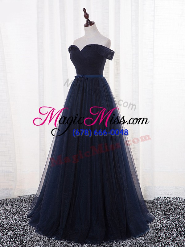 wholesale navy blue sleeveless floor length belt lace up wedding party dress