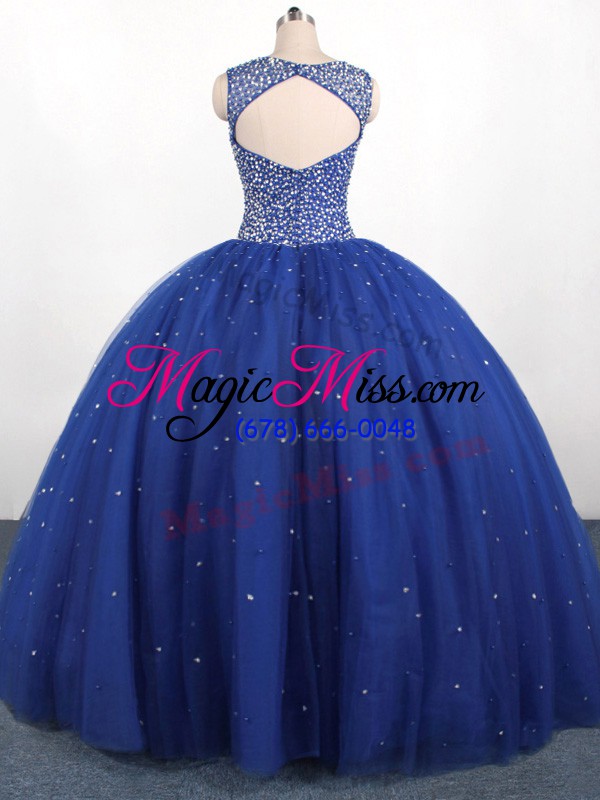wholesale lovely floor length royal blue quinceanera gowns tulle sleeveless beading