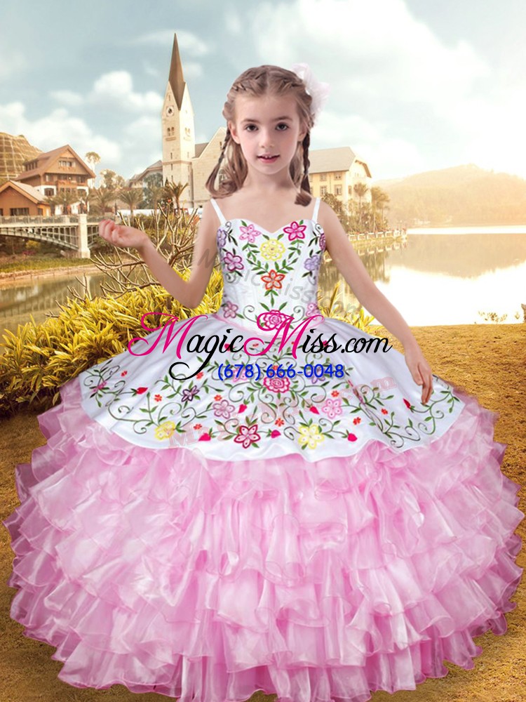 wholesale floor length lace up little girls pageant gowns rose pink for party and wedding party with embroidery and ruffled layers
