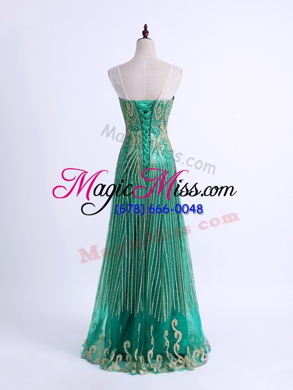 wholesale unique floor length green evening party dresses tulle sleeveless beading and appliques