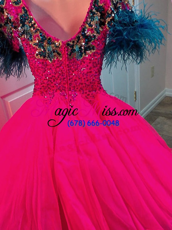 wholesale fuchsia zipper scoop beading and sequins cocktail dress organza short sleeves
