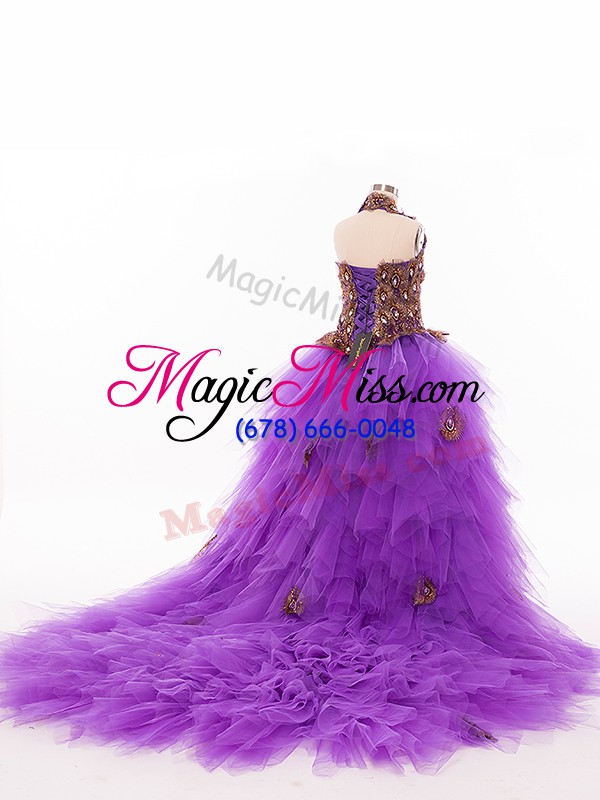 wholesale ball gowns sleeveless eggplant purple little girls pageant dress court train lace up