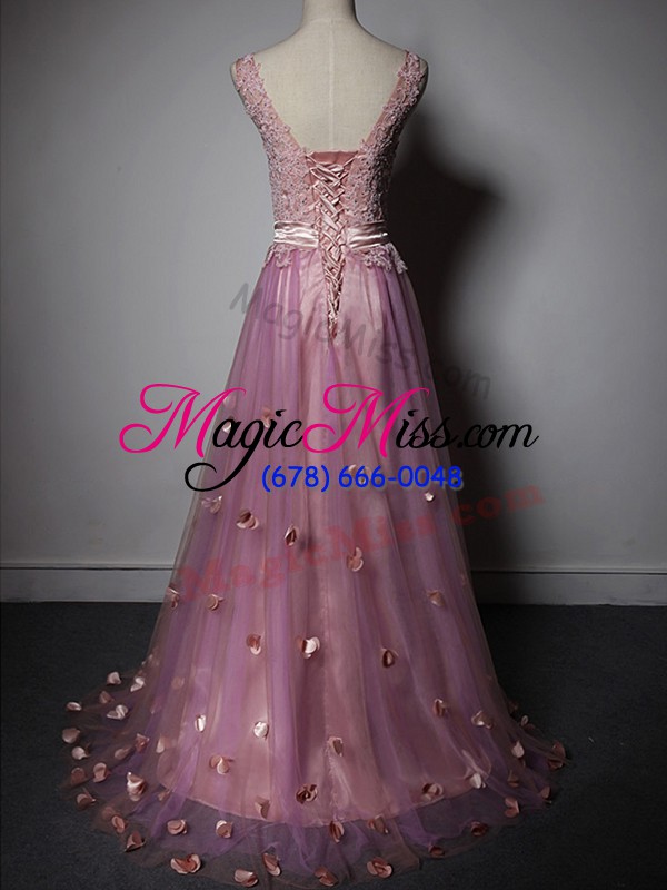wholesale low price sleeveless tulle sweep train lace up dress for prom in lilac with beading and lace and appliques and hand made flower