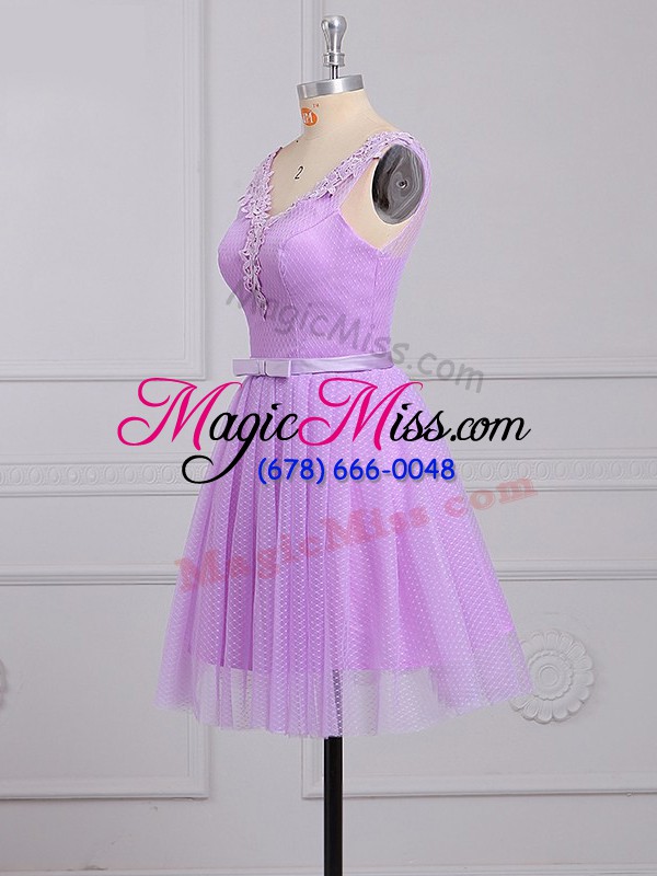 wholesale lilac v-neck lace up appliques and belt bridesmaids dress sleeveless