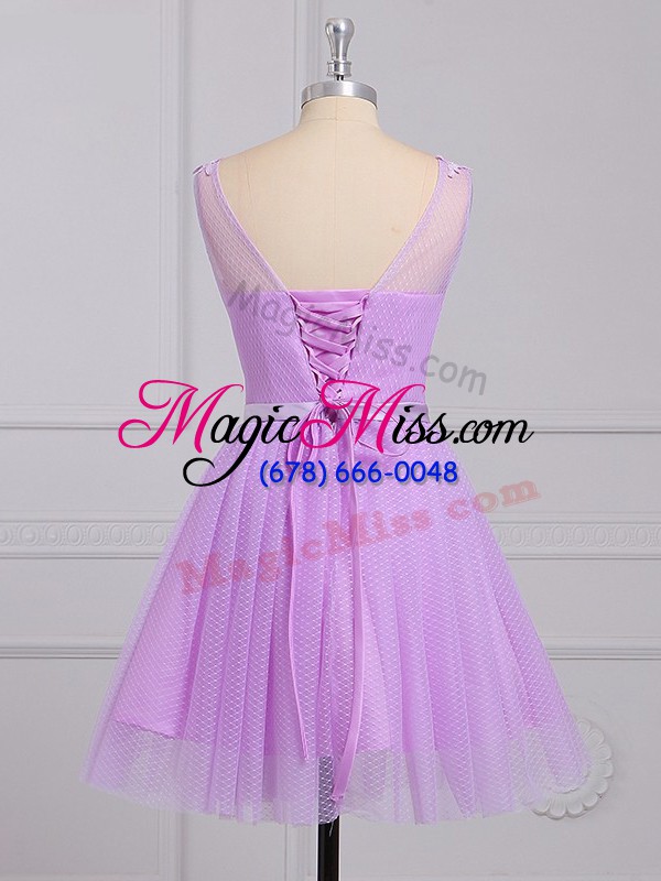 wholesale lilac v-neck lace up appliques and belt bridesmaids dress sleeveless