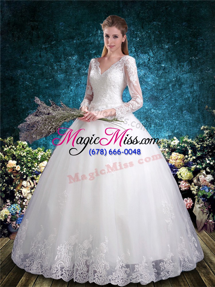 wholesale white ball gowns v-neck 3 4 length sleeve tulle floor length lace up lace wedding dress