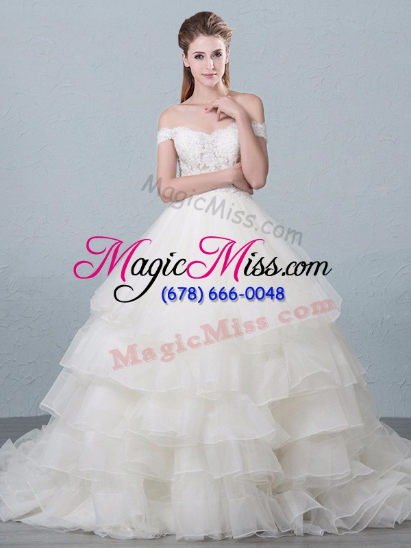 wholesale white ball gowns lace and ruffled layers wedding gowns lace up organza sleeveless