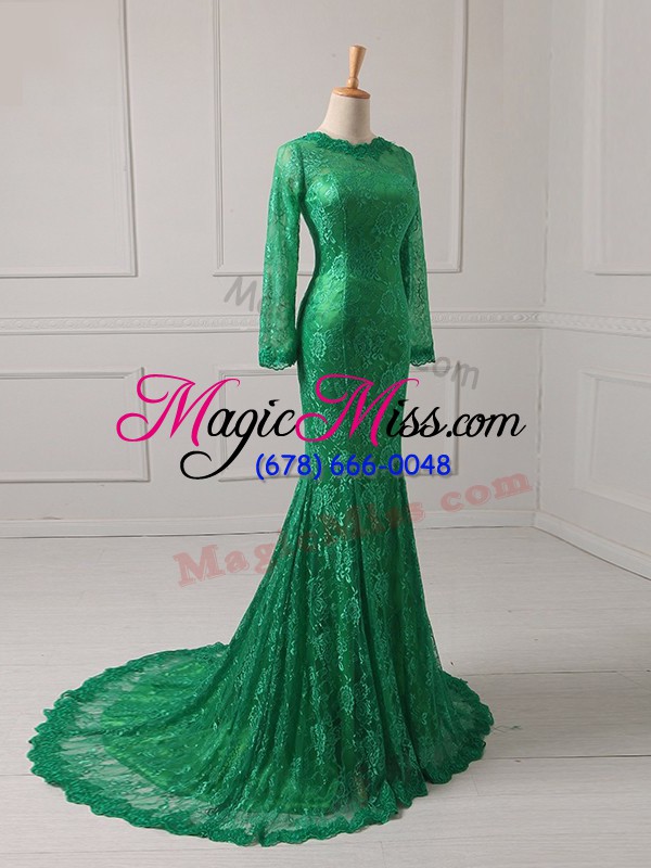 wholesale glittering green mother of groom dress military ball and beach with lace scoop long sleeves brush train zipper