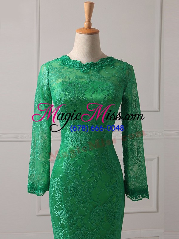 wholesale glittering green mother of groom dress military ball and beach with lace scoop long sleeves brush train zipper