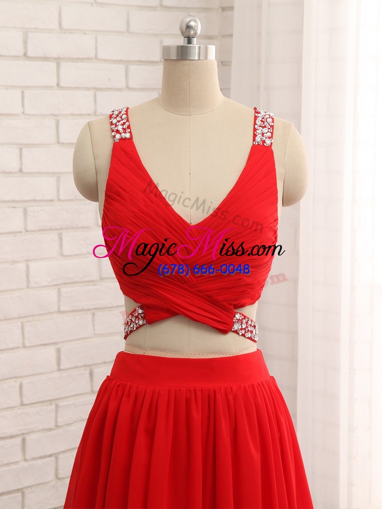 wholesale red chiffon criss cross prom gown sleeveless brush train beading