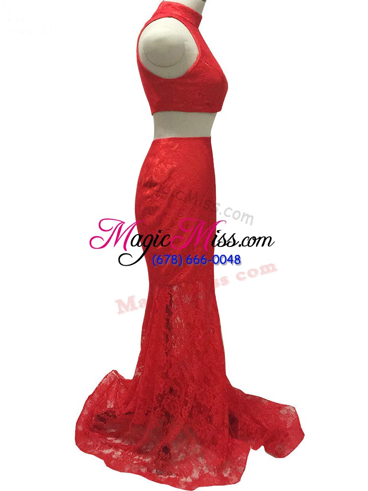 wholesale simple red two pieces halter top sleeveless lace brush train zipper lace