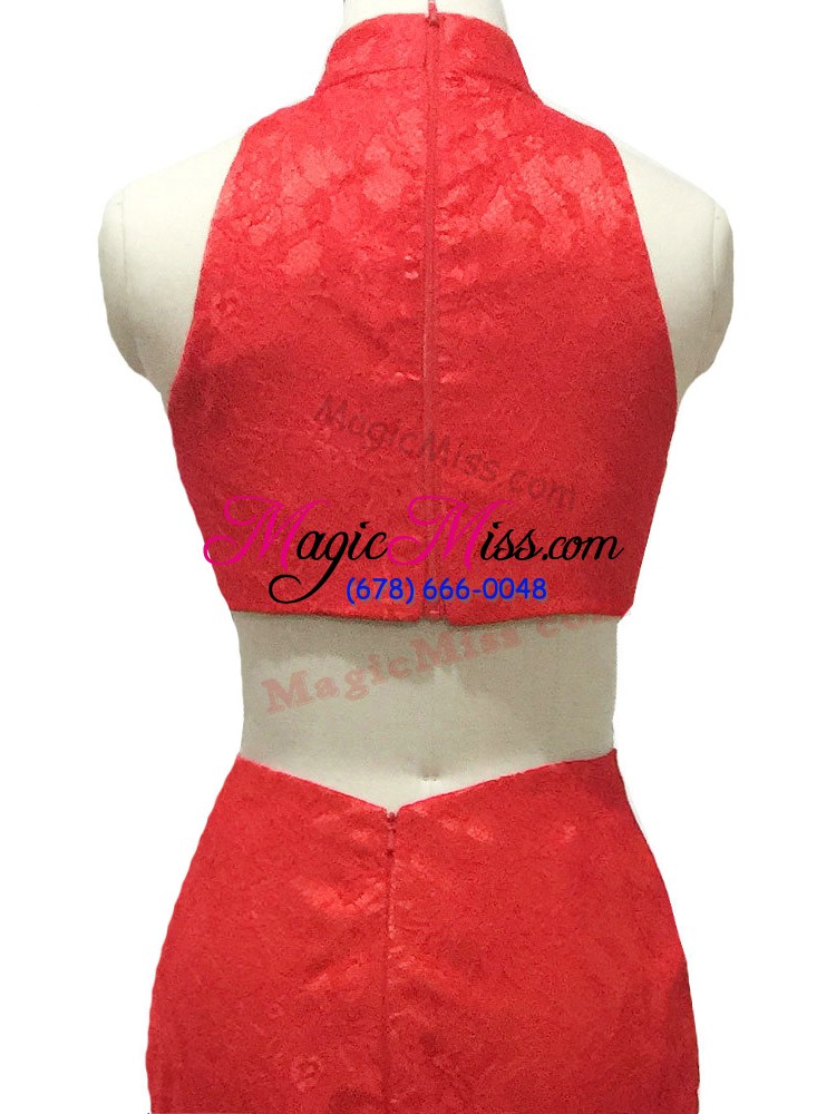 wholesale simple red two pieces halter top sleeveless lace brush train zipper lace