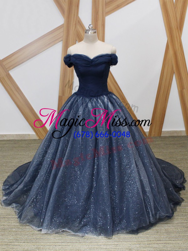 wholesale sleeveless ruching lace up military ball gowns with navy blue brush train