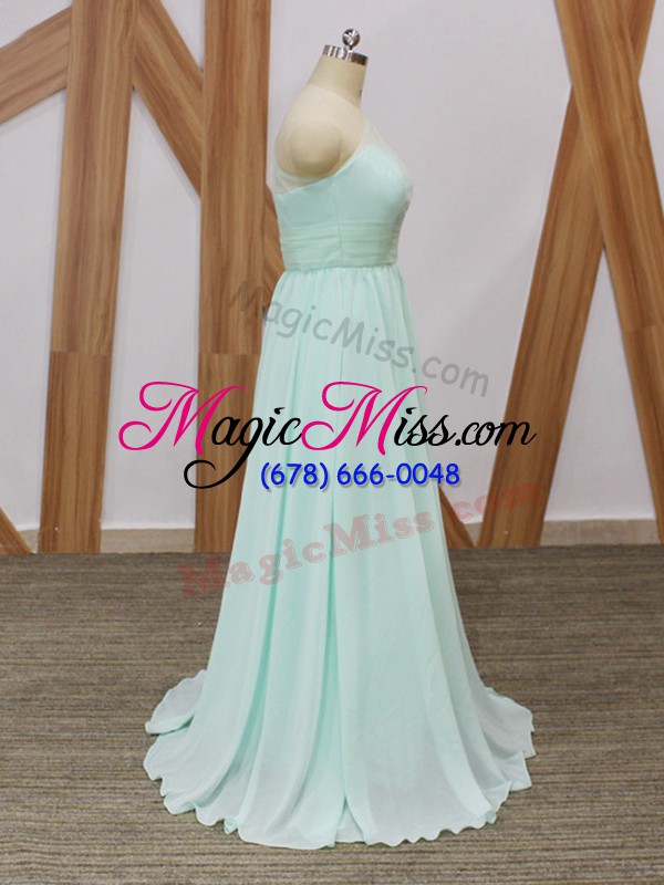 wholesale one shoulder sleeveless bridesmaid gown sweep train ruching apple green chiffon