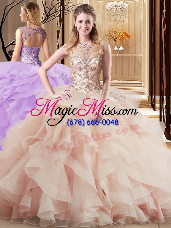 wholesale most popular peach lace up quinceanera dress beading and ruffles sleeveless brush train